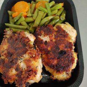 Almond Flour Chicken Fritters with Steamed Green Beans & Carrots