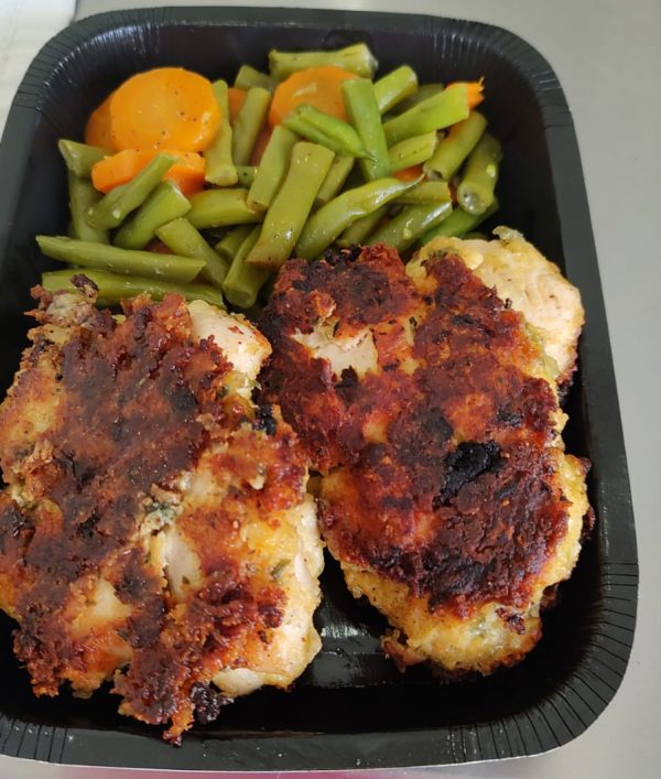 Almond Flour Chicken Fritters with Steamed Veggies